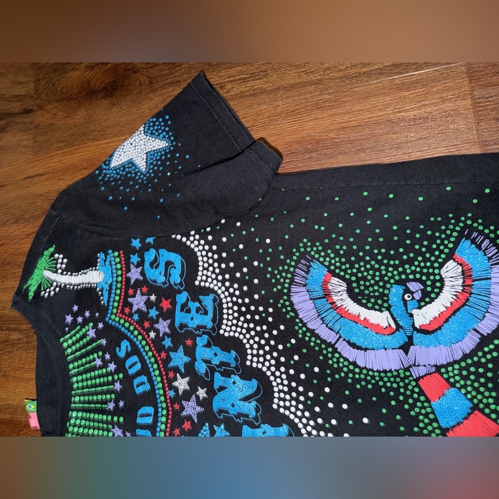 Farm Rio rare sparkle black Brazil toucans cortejo dos brincantes tee shirt $128 - Picture 4 of 7
